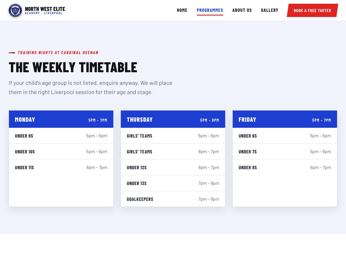 The weekly timetable we built: Monday, Thursday and Friday sessions by age group
