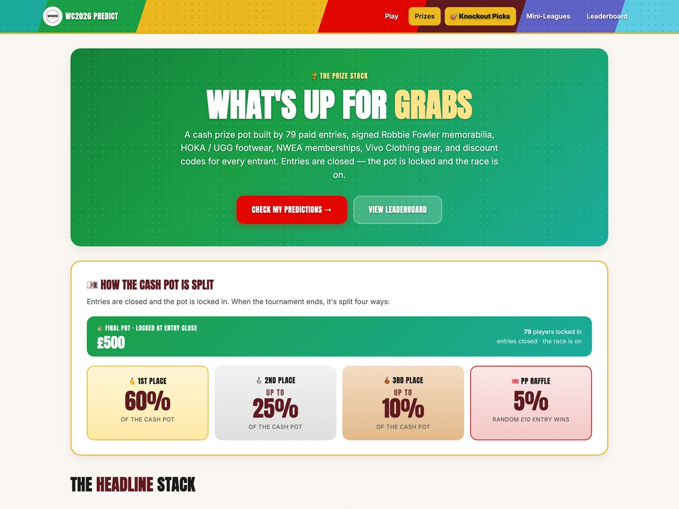 The prize page we built, showing how the cash pot splits between finishers